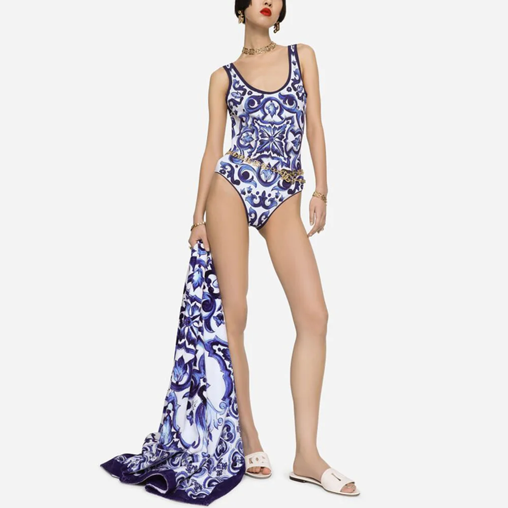 Women One Piece Swimsuit & Skirt Blue Holiday Beachwear Vintage Swimwear Female Retro Designer Bathing Suit Surf Wear Summer for one piece swimsuit