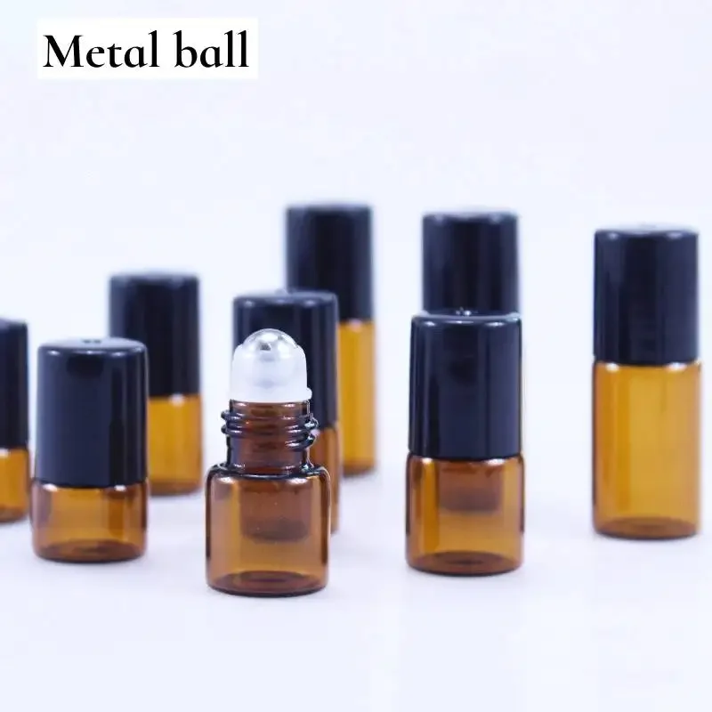 50PCS 1/2/3/5ML Metal Roller Ball Essential Glass Oil Bottle Empty Perfume Roll on Ball Refillable Liquid Container Amber 2