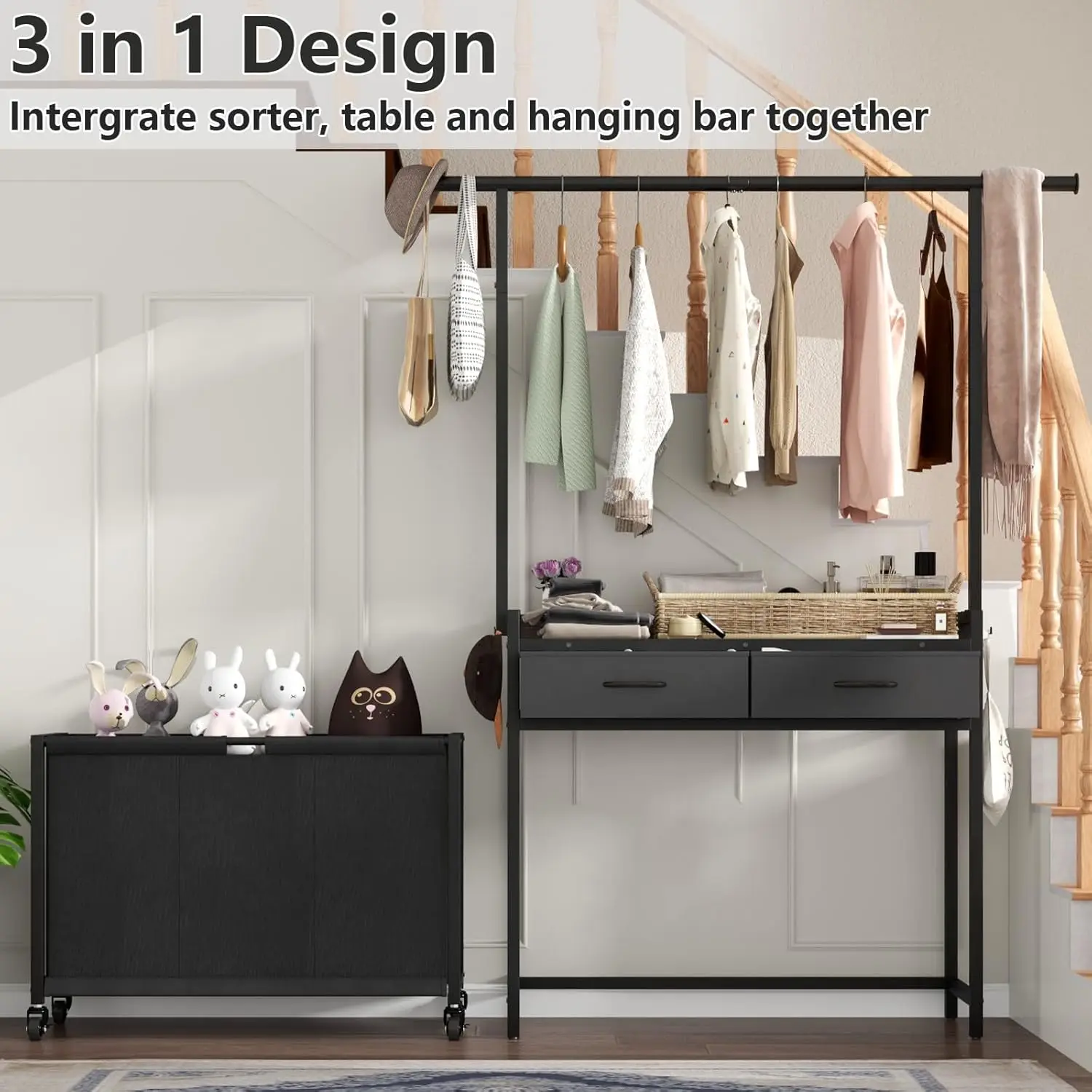 Cloth Rack, Laundry Basket with 3 Section Pull-Out Rolling Bags, Laundry Sorter for Organization and Storage with 2 Drawers