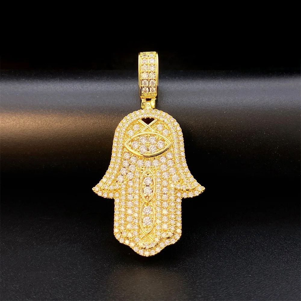 

Hip Hop Iced Out Cubic Zirconia Fatima Hand Pendant Women Men Ins Jewelry Plated 16k Gold Hamsa Pendant Necklace Birthday Gift