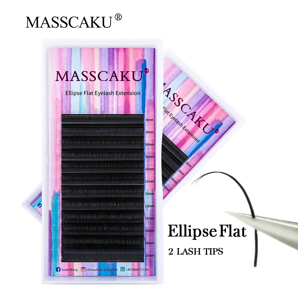 MASSCAKU C/D Curl Ellipse Flat Lashes Matte Split Tips Shaped Individual Natural Eyelashes Extension Dark Matte Makeup Supplies