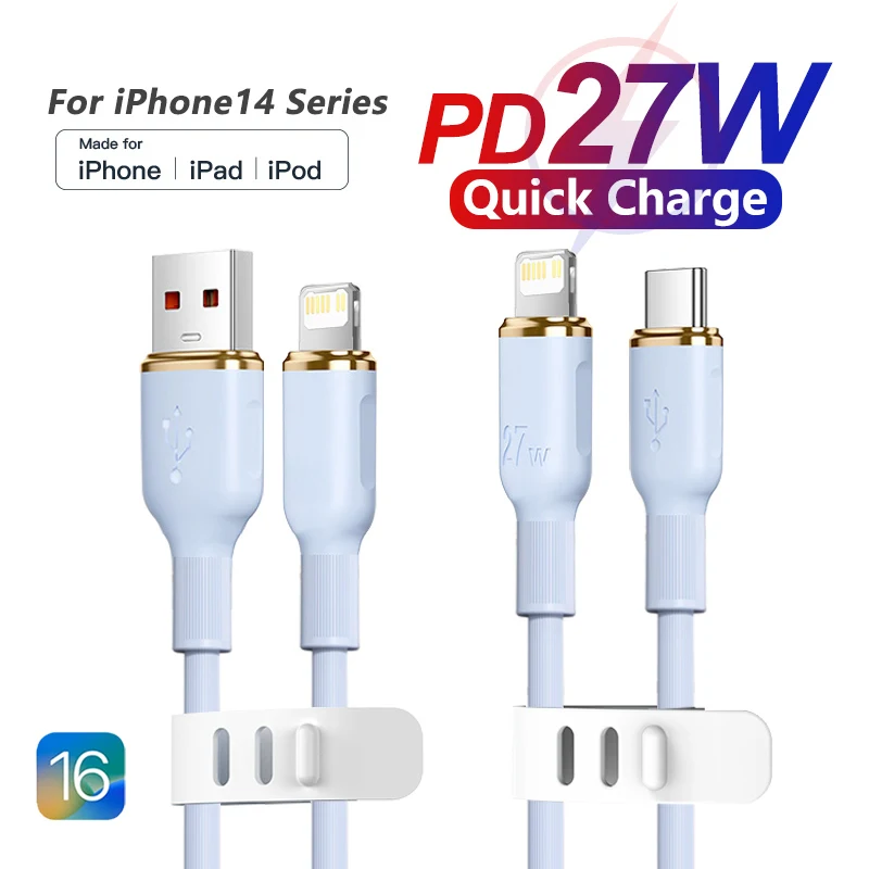 

27W PD USB C Lightning Charging Liquid Silicone Cable For Apple iPhone 14 Pro Max 13 12 11 Super Fast Charger X XS XR 6 7 8 Plus