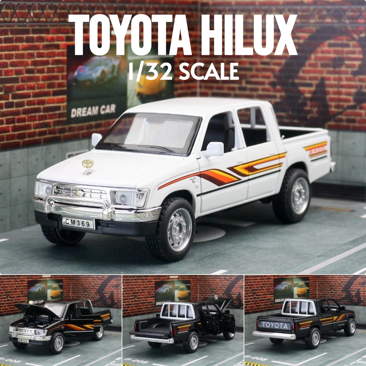 Diecast Alloy Toyota Hilux Pickup Truck Toy with Pull Back Action, Sound & Light