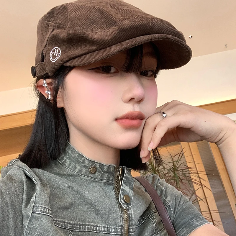 

Retro Corduroy Forward Hats for Women Korean Version Versatile Literature and Art Newsboy Hat Ins Show Face Small Fashion Berets