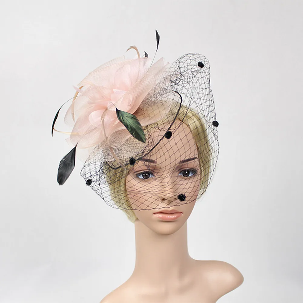 

Bridal Feather Veil Flower Fascinator Hat with Clip, Cocktail Tea Party Kentucky Derby Wedding Mesh Hat for Women Ladies