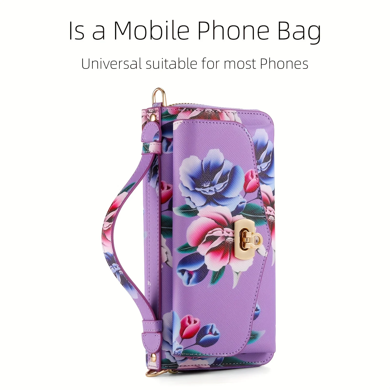 Flower Mobile Phone Bag With Lanyard Strap, PU Leather Zipper Handbag, RFID Blocking Card Holder, Casual Clutch Bag