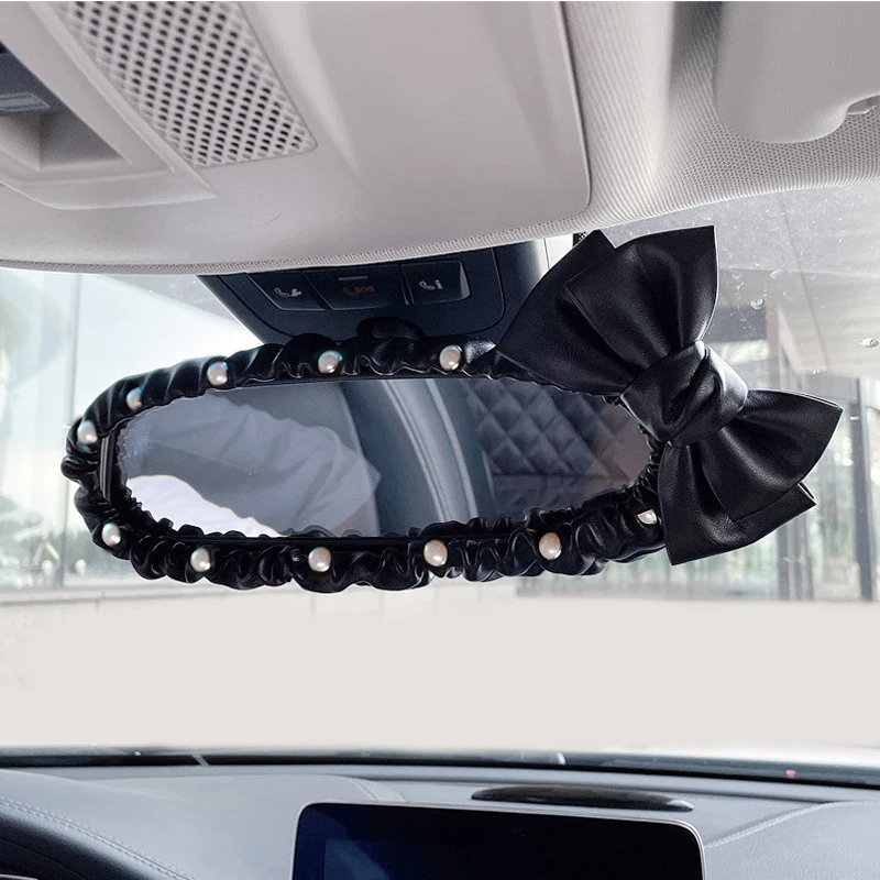 Fashion Pearl Bowknot Car Interior Rear View Mirror Cover Leather Auto Mirror Case Decoration Accessories For Women and Girls