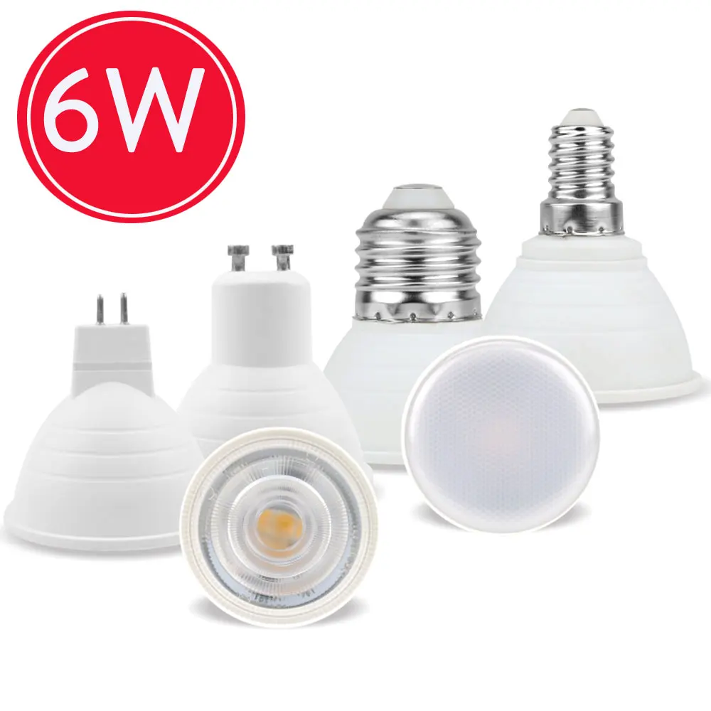 Led 6w COB 플라스틱 알루미늄 GU10 MR16 E27 E14 24/120 220v 차가운 따뜻한 화이트 홈 거실 스포트 라이트 교체
