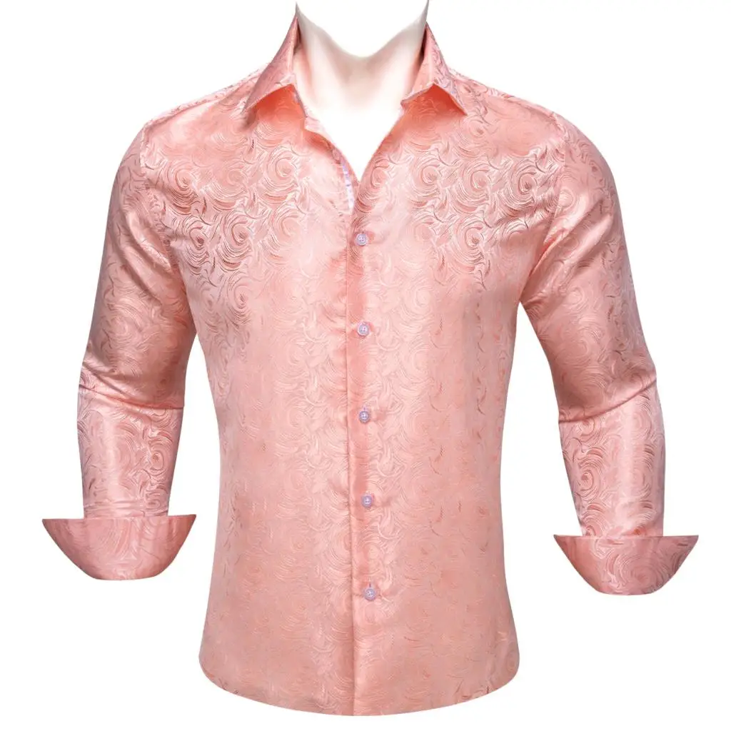 Designer Shirts for Men Silk Long Sleeve Pink Floral Embroidered Slim Fit Male Blouses Casual Breathable Tops Wedding Barry Wang