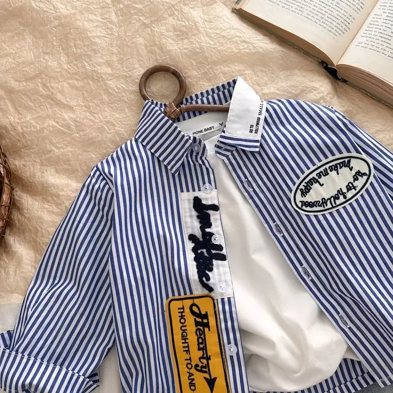 Korean Style Baby Boys Long Sleeve Shirt Striped Turn-down Collar Cotton Top for Autumn Street Fashion Thin Korean S