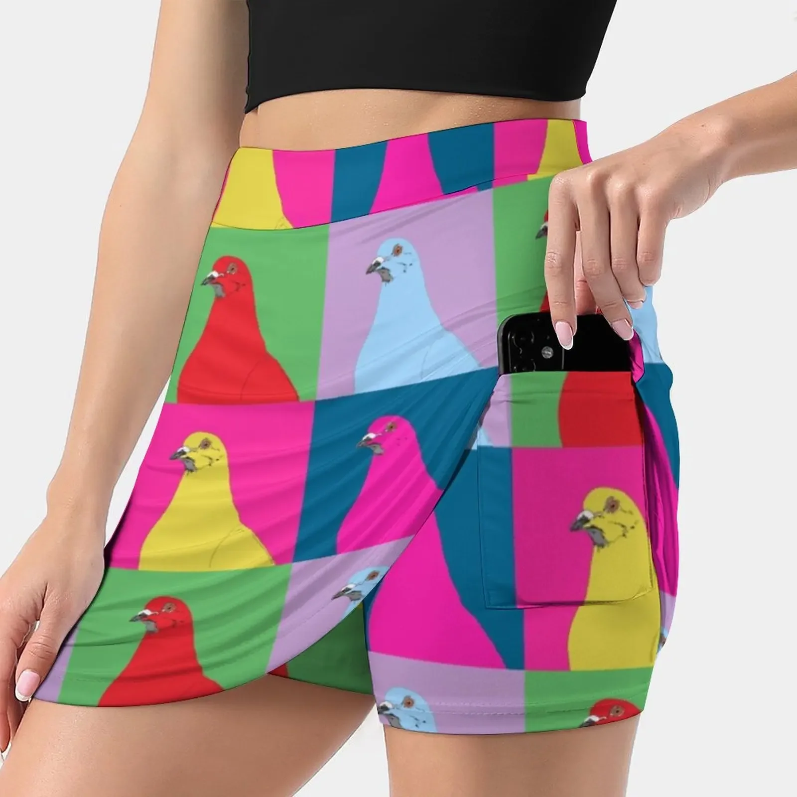 

Pigeon Factory Women's skirt Mini Skirts A Line Skirt With Hide Pocket Pigeon Pop Art Warhol Birds Colourful Illustration Bold