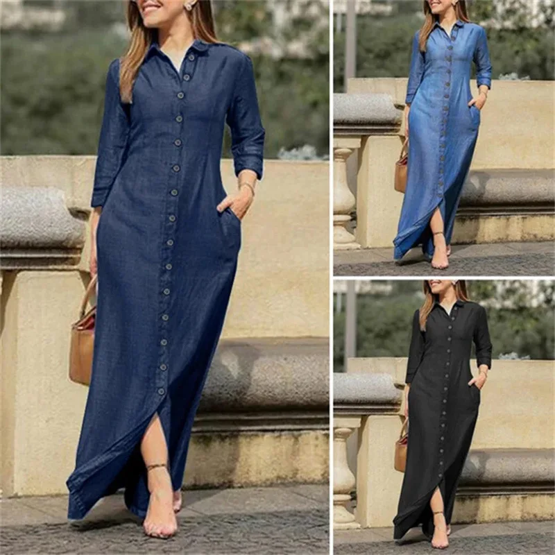 Women Denim Long Sleeve Maxi Dress