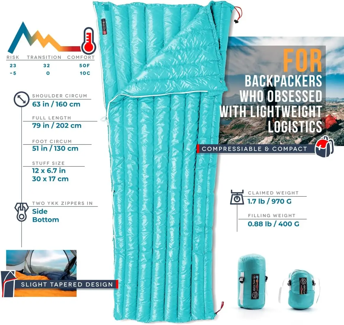 Ultralight Backpacking 32-50F Down Sleeping Bag-27oz Ultra Compact 650 Fill Power Envelope Sleeping Bag for Hiking, Camping