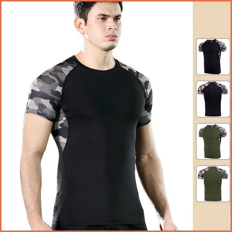 

Camouflage Gym Fitness Sweatshirt Short Sleeve Men Running Compression T-Shirt Sport Tight Jogging Tracksuit Athletic Shirt Tops