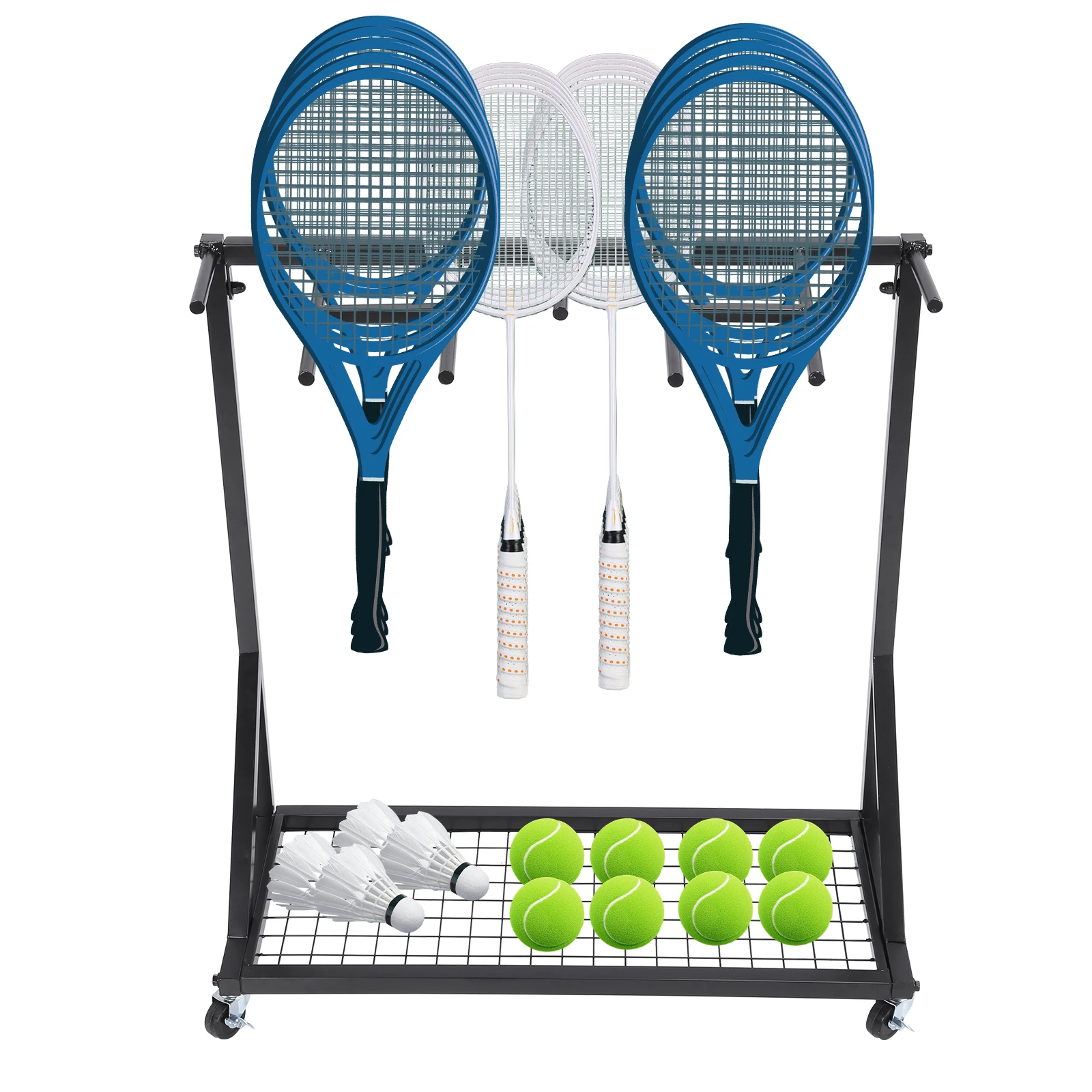 Heavy Duty Badminton Racquet Storage Rack with Wheels Tennis Racket Holder Shelf for Sports Equipment Organization