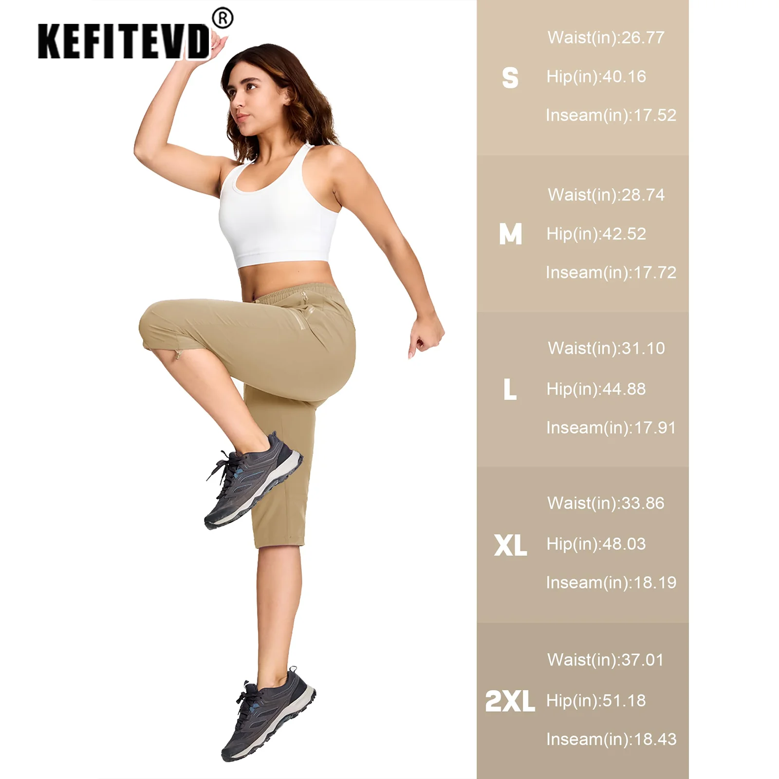 KEFITEVD 여성용 하이킹 카프리 팬츠 UPF 50+ 경량 속건 캐주얼 골프 카고 크롭 방수 바지 5포켓 여름용