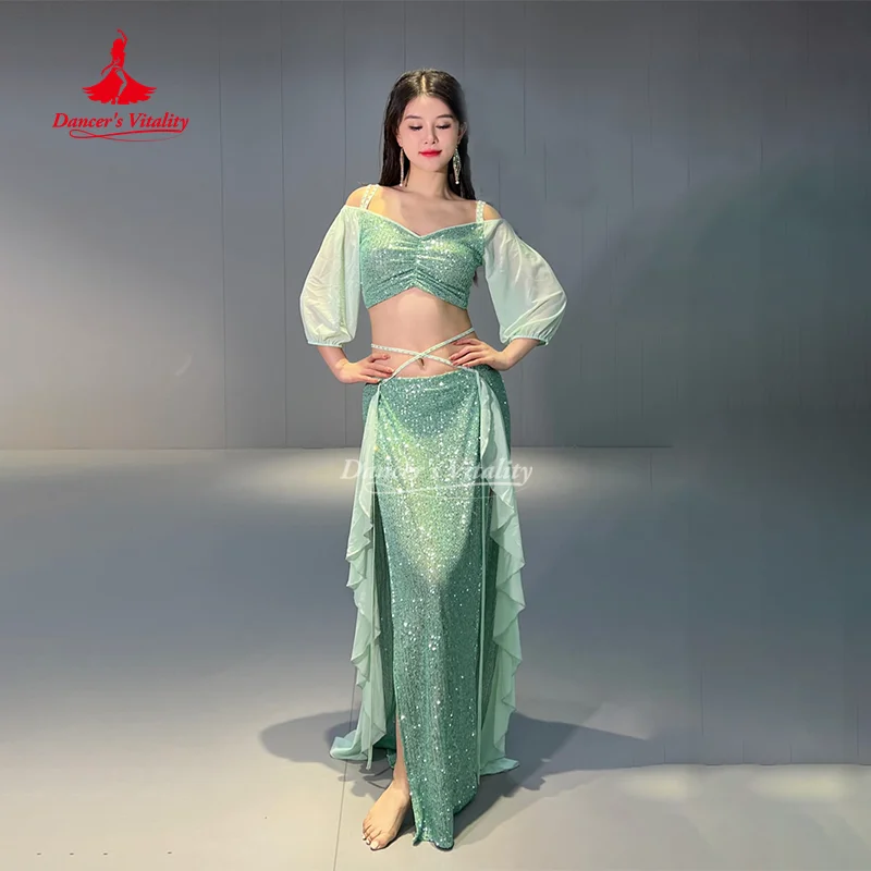 Belly Dance Costume Set for Women Short Sleeves Top+split Long