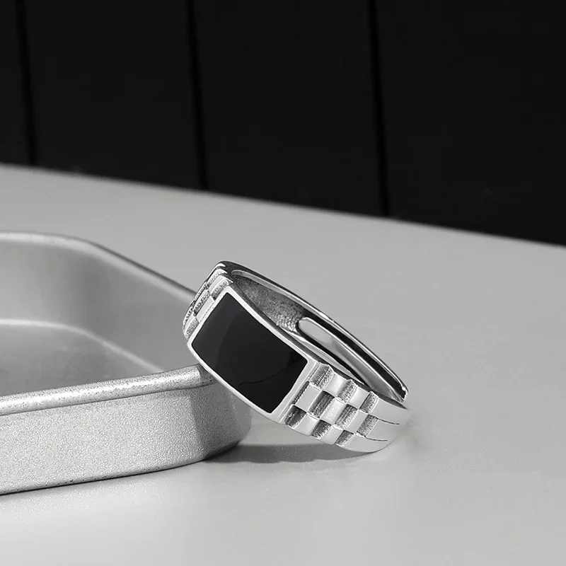 Silver Rings Silver Ring Wedding Rings Crystal Black Rectangle Ring Male Wedding Finger Accessories Classic Square Ring 925 Men Jewelry Adjustable