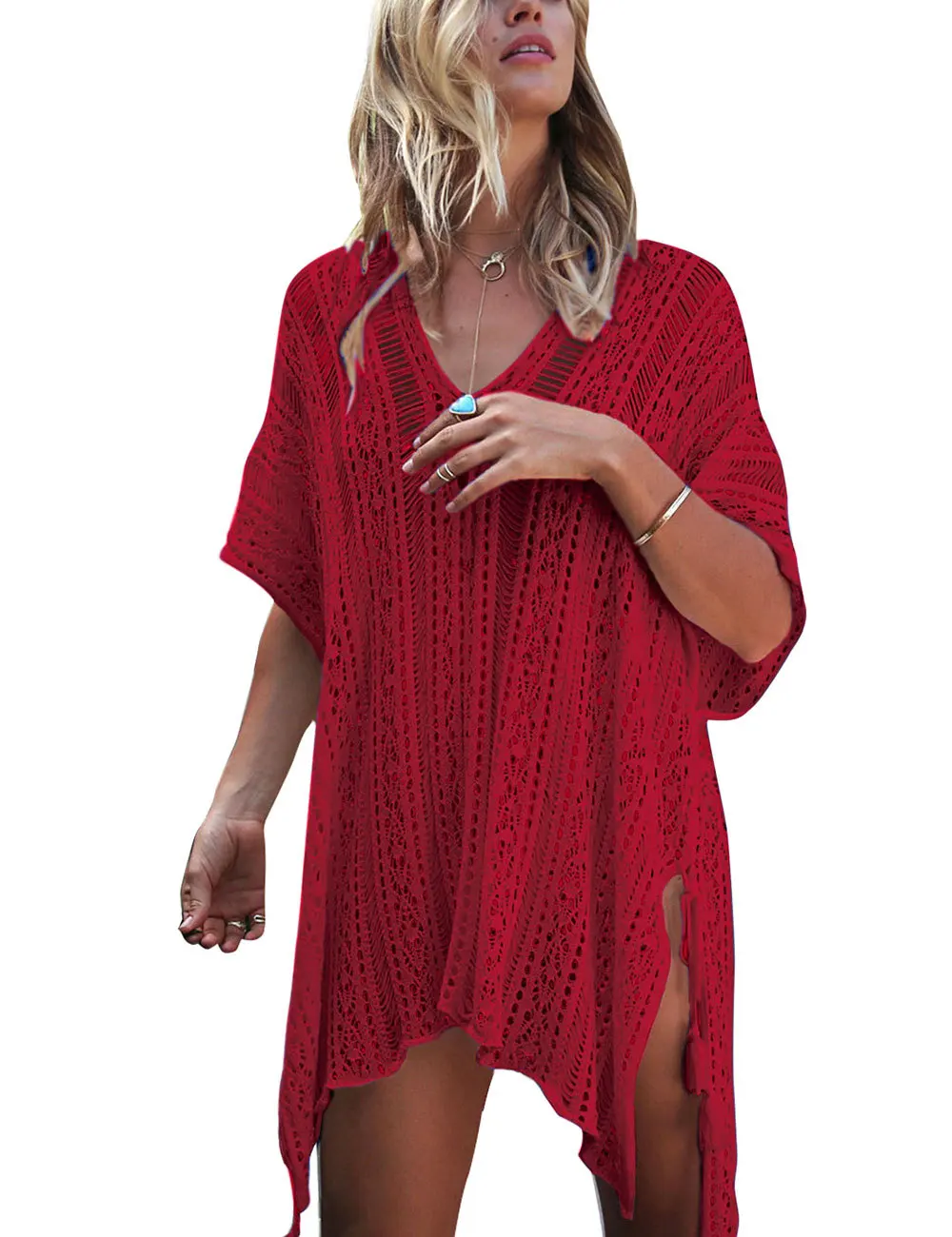 Sunscreen Blouse Swimsuit Women's Beach Handmade Crochet Hollow Blouse Sunscreen Clothing Knitted Swimsuit Beach Cover Up bathing suit with matching cover up