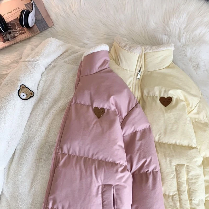 

Cute Embroidery Parkas Coat Women Winter Korean Fashion Thick Loose Warm Jacket Double Sided Design Pink Student Clothes