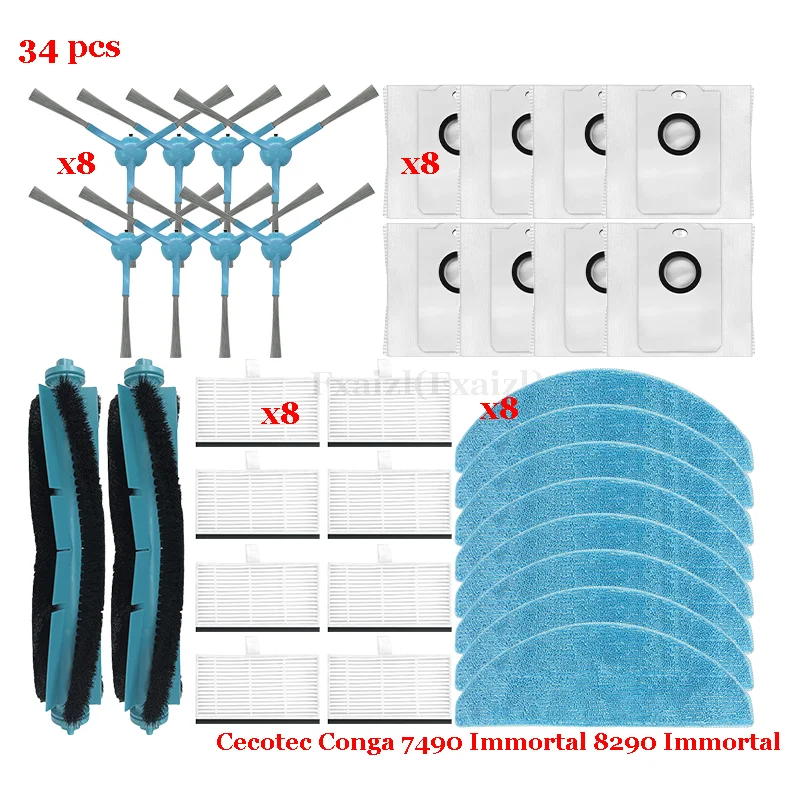 Kit di accessori per Cecotec Conga 8290 Power Ultra Home Genesis／7490 Immortal X-Treme robot aspirapolvere, 1 spazzola rullo, 4 filtri, 6 tamponi pulizia, 4 spazzole laterali, 2 sacchetti polvere