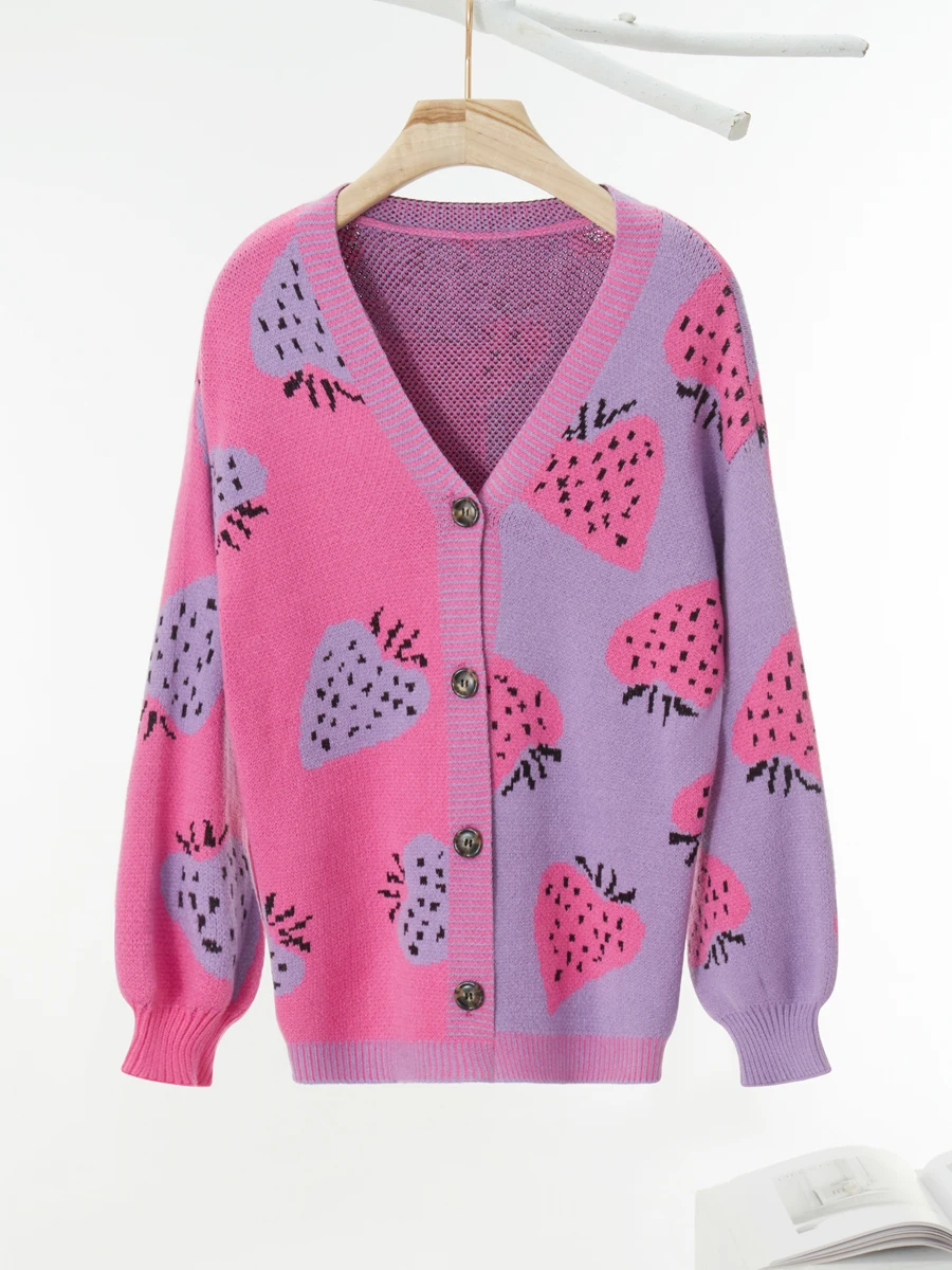 

wsevypo Women's Long Sleeve Knitted Cardigans Sweet Strawberry Print Loose V-Neck Front Buttons Sweater Coats for Autumn Winter