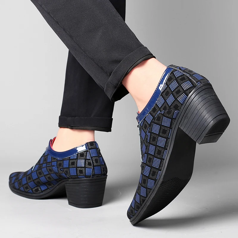 New Fashion Blue Plaid Men's High Heel Shoe Pointed Leather Dress Shoes Men Lace-up Wedding Shoes Men zapatos hombre vestir