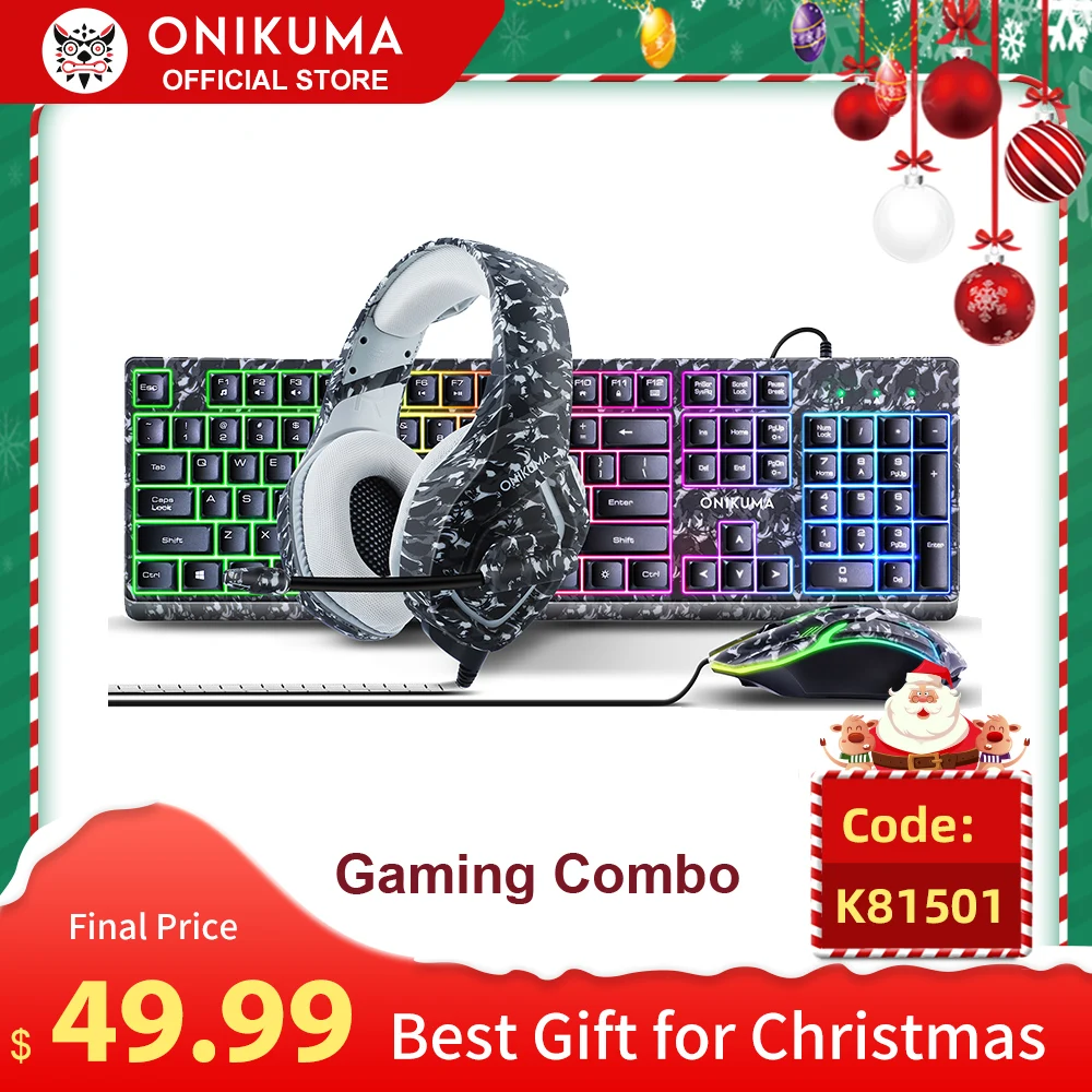 

ONIKUMA Wired Gaming Headphones Keyboard Mouse Camo Combo RGB Light Gamer Headset Keyboard Mice for PC Gaming