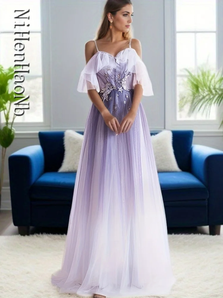 

Gradient Purple Women Banquet Toast Evening Dress Floor Length Female Quinceanera Dresses