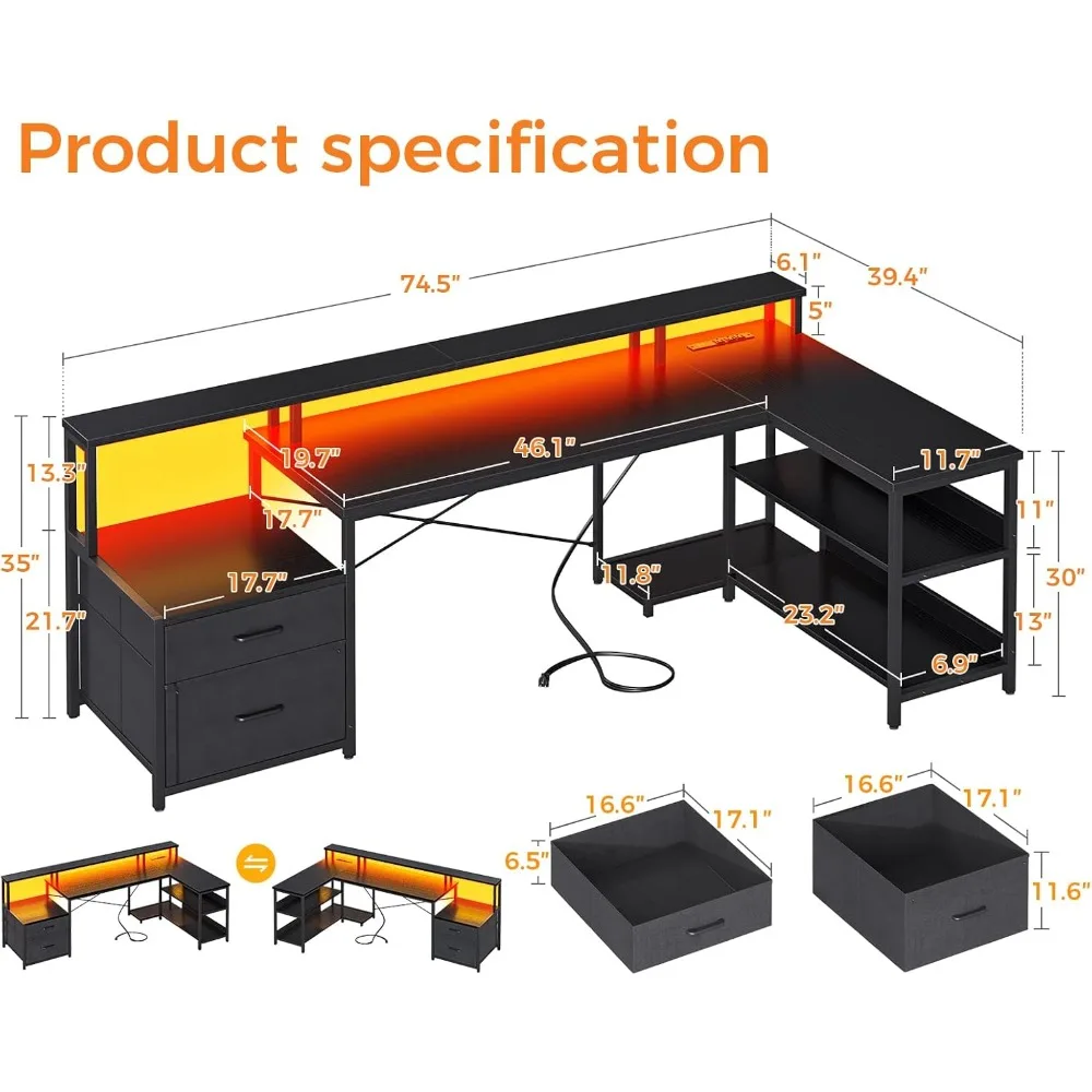 "75-inch reversible l-shaped desk with file cabinet, power outlet, and led lighting for office storage solutions"