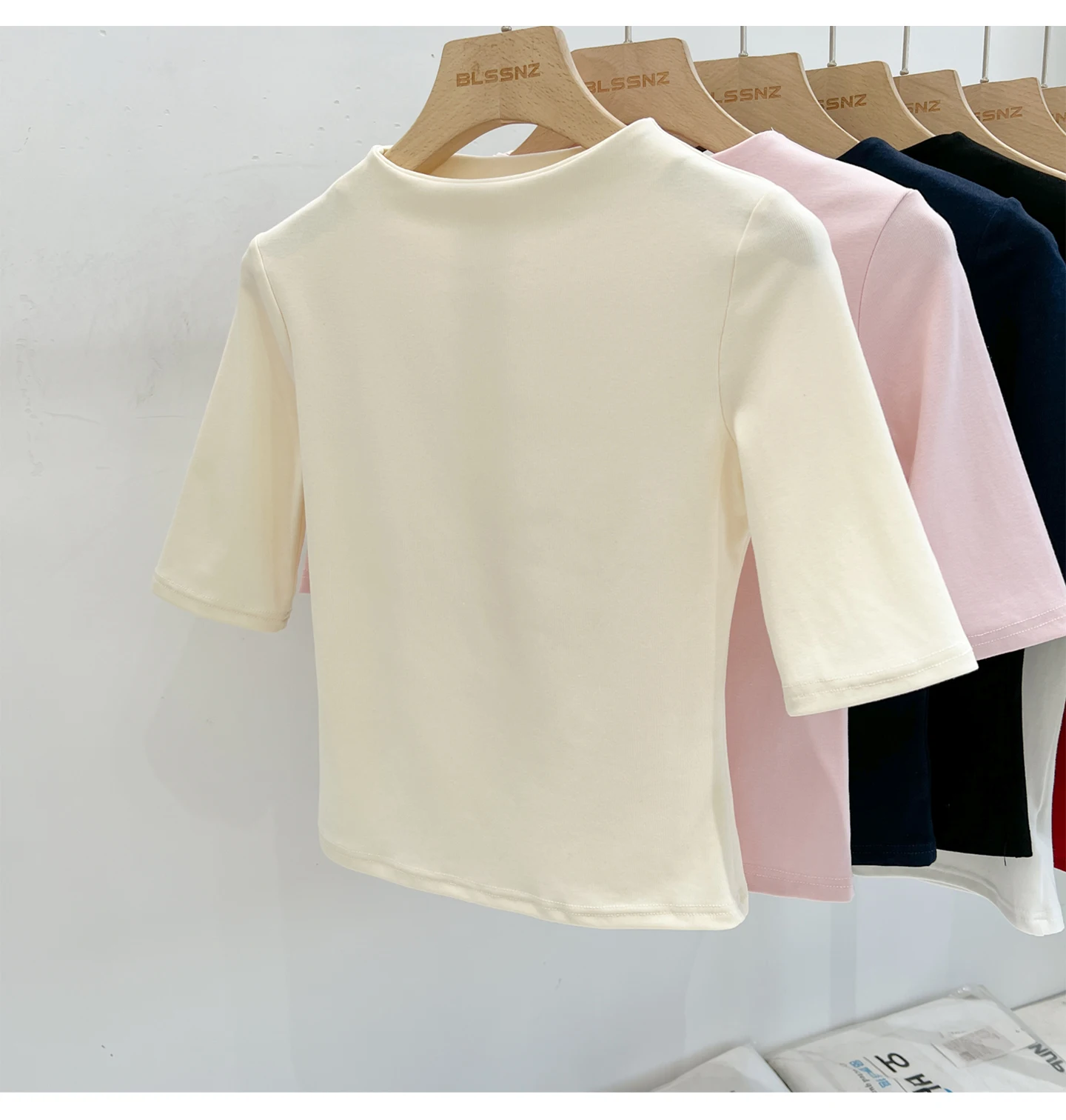 Zjaiss Sommer Damen T-Shirt Aprikose Stehkragen Kurzarm 2026 Frühling Minimalistisches Lässiges Vielseitiges Oberteil Einfarbiges Schlankes T-Shirt – Detail 6