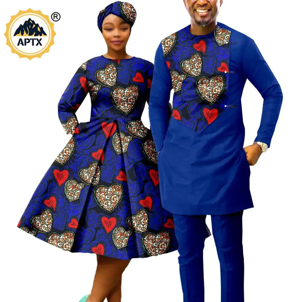 African Print Dresses for Women with Headwrap Matching Couple Outfits Men Patchwork Shirt and Pants Sets Africa Clothing Y22C075