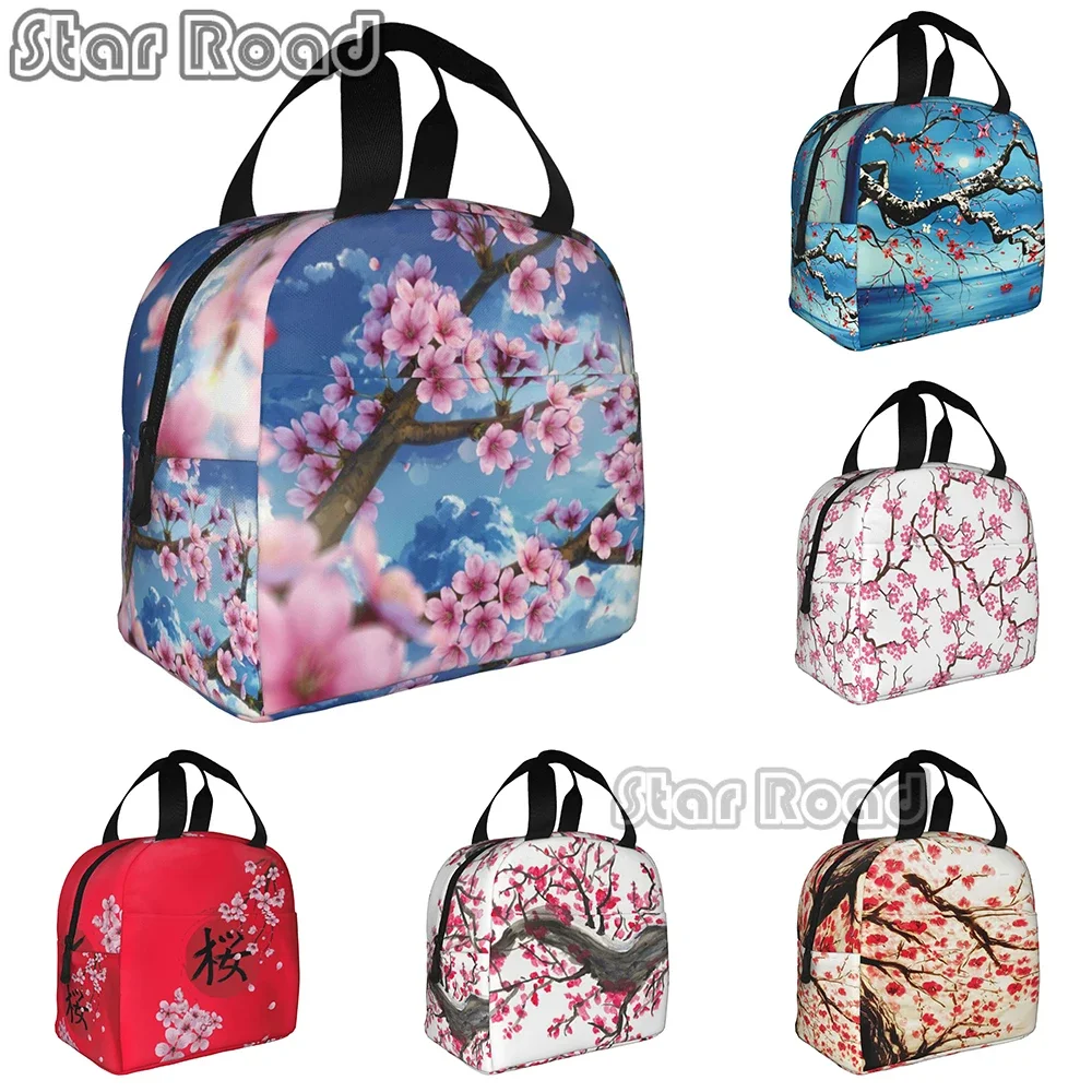 

Japanese Sakura Cherry Blossoms Insulated Lunch Bags for Women Resuable Thermal Cooler Flowers Bento Box Kids School Children