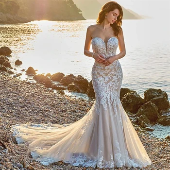 Abiti da sposa a sirena personalizzati boho sexy senza spalline con scollo a V e bottoni per donna 2026, abiti da sposa con strascico corto Vestido De Noiva