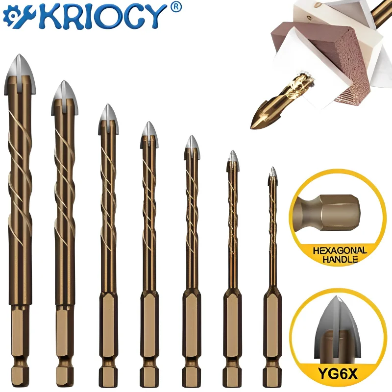 

KRIOCY Lengthen Cross Hex Tile Bits Glass Ceramic Concrete Hole Opener Alloy Triangle Drill Size 3/4/5/6/8/10/12 MM