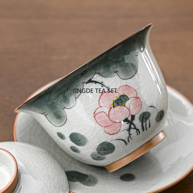 160ml hand-painted lotus ceramic lid bowl handmade ceramic lid bowl household Chinese tea set