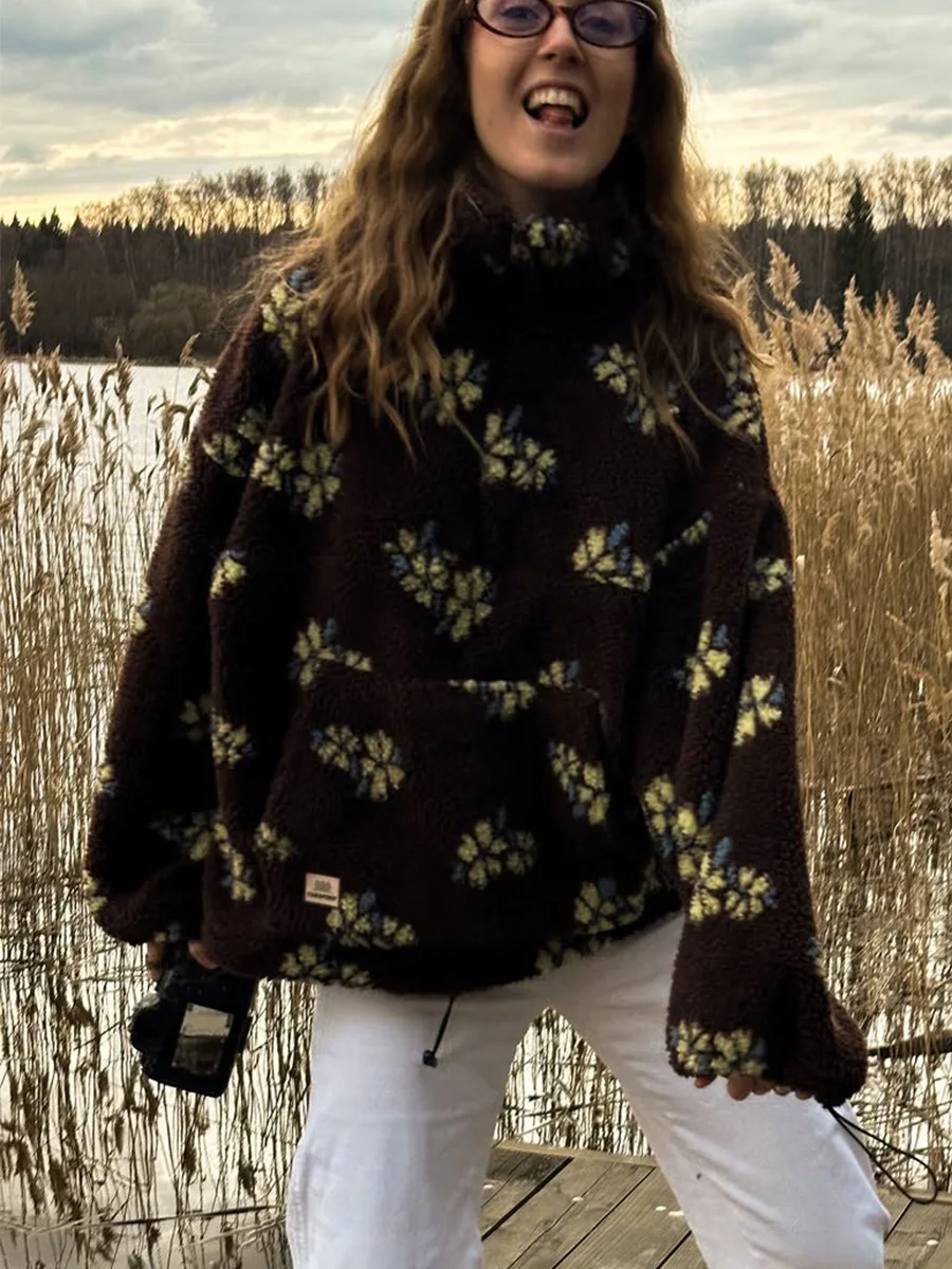 Bornladies Autumn Winter Women's Sherpa Floral Hoodies Half Zip Style Loose Fit Warm Stylish New Sweatshirt