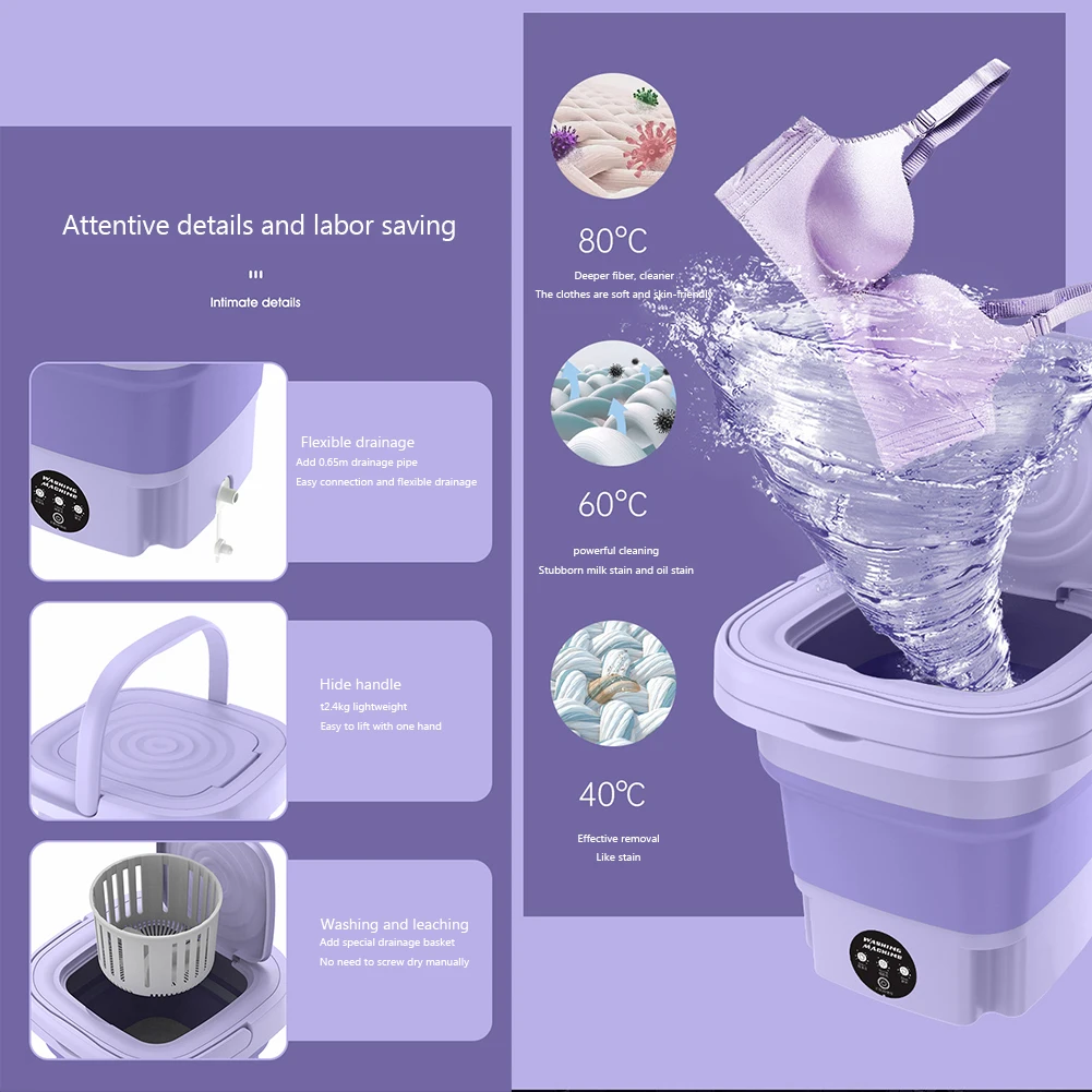 8L Green Purple Folding Washing Machine Three-Gear Mode Decontamination Simulated Hand Gentle Rotation Folding for US EU UK Plug