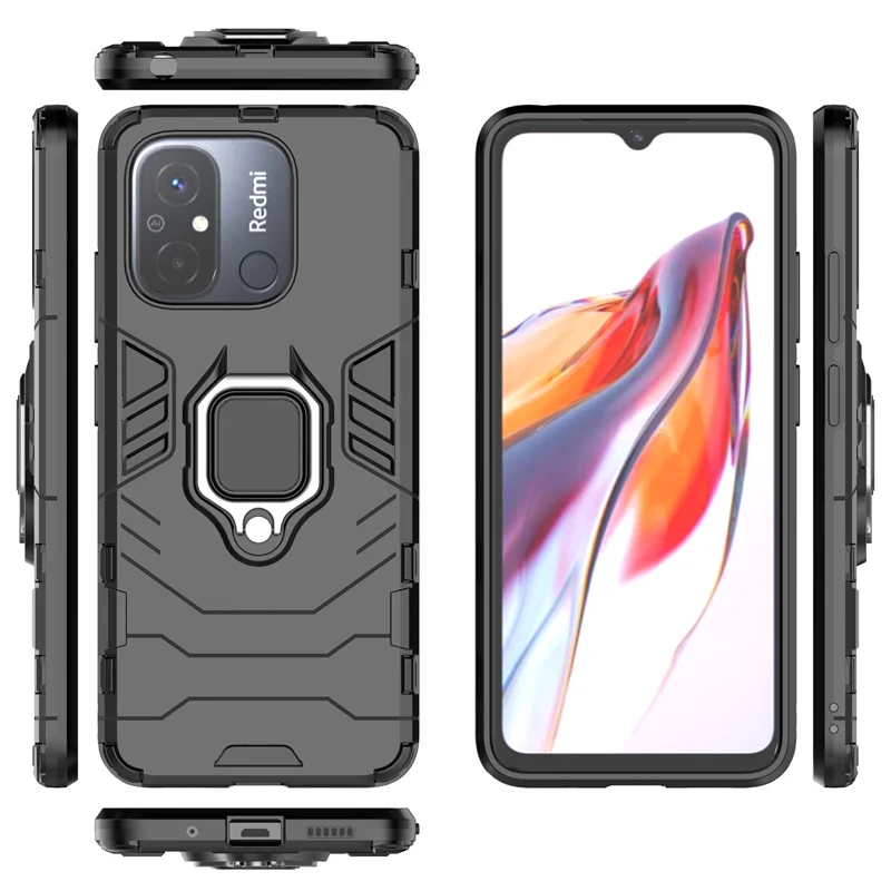 Rugged Shockproof Armor Phone Case with Magnetic Ring Holder and Back Cover in Black