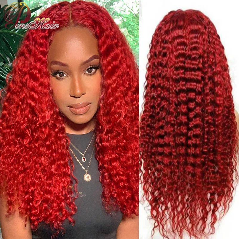 

30 Inch Red Burgundy 13X4 Lace Front Wig Kinky Curly Wig Human Hair For Woman Remy 180 Density Transparent Lace Frontal Wigs