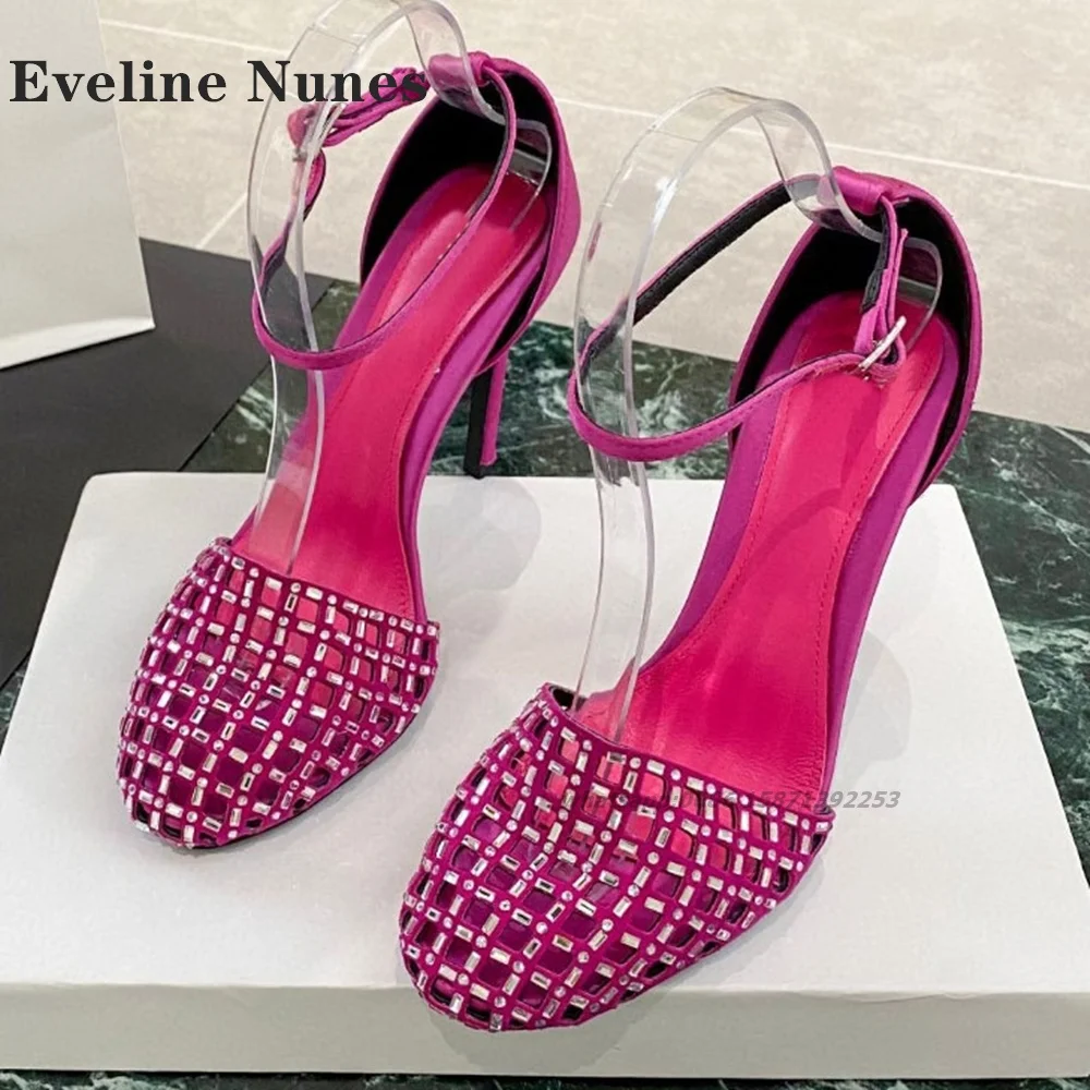 

Rhinestone Hollow Out Patchwork Sandals Round Toe Stiletto One Word Buckle Women High Heels Solid Sexy Party Shoes Spicy Girl