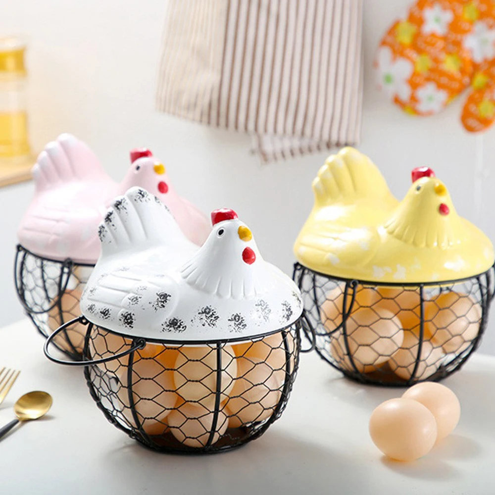 Iron Ceramic Hen Ornament Egg Fruit Storage Basket Container Kitchen Supplies Kitchen Tableware ceramic egg storage tray