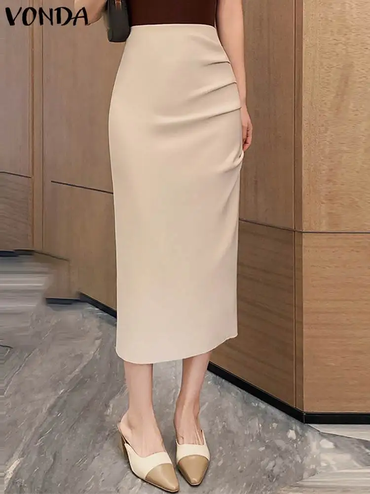 

Women Casual Skirts 2023 VONDA Summer High Waist Solid Color Skirt Elegant Office Streetwear Zipper Pleated Ruffled Midi Bottoms