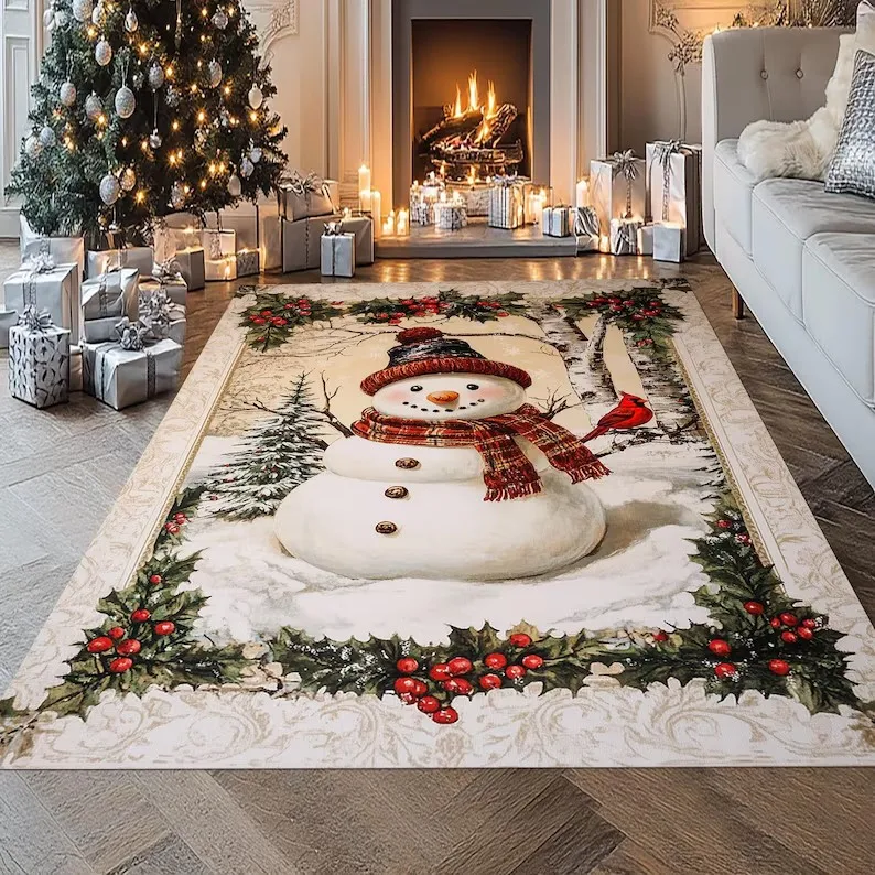 Noel Halısı Kilim Ren Geyiği Kar Tanesi Dikdörtgen Tasarım Ev Dekorasyonu Şenlikli Tatil Noel Dekoru Mutlu Noeller Yazısıyla