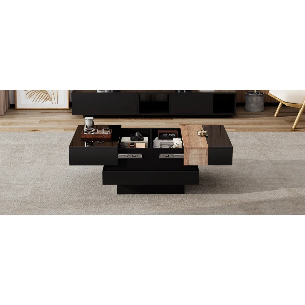 Moderner, hochglänzender, quadratischer Couchtisch, 70 x 70 x 39 cm, ausziehbares Design mit versteckter Stauraum, Farbblock-Wohnzimmer-Beistelltisch – Detail 13
