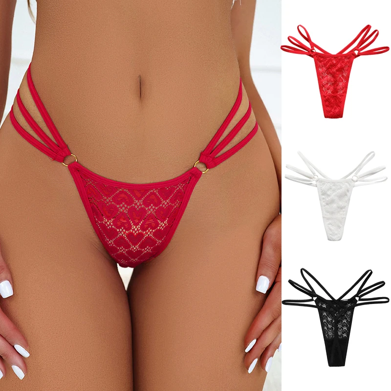 

3pcs Multiple Strap Thongs Women Underwear Hollow Out Transparent Lace Heart Embroidery Lingerie for Womens Tanga Sexys De Mujer