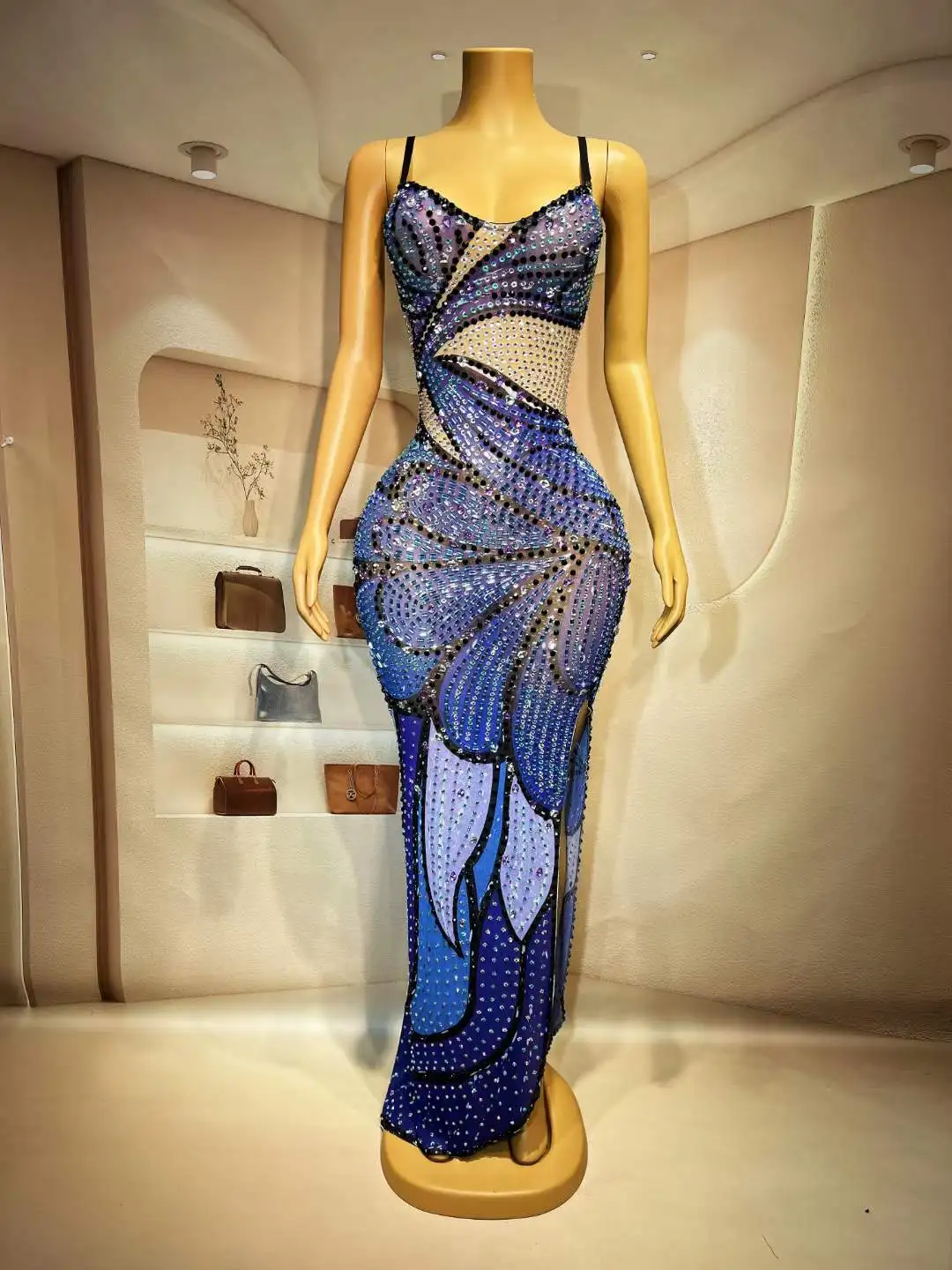 Prom Evening Elegant Women Sleeveless Sexy Dress Birthday Queen Outfit Rhinestone Purple Stretch Long Dresses