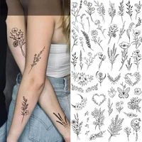 Black Flower Tattoo Sketch Tattoo Sticker Rose Blossom Tattoo Temporary Waterproof Fake Tattoo For Woman Art Tatoo Sticker 1