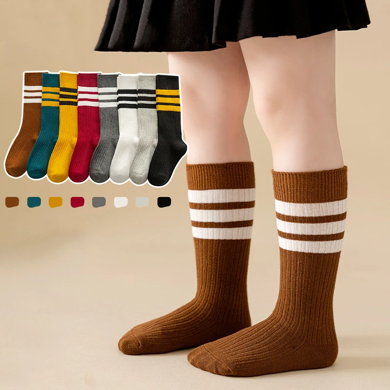 6 Pairs Autumn Winter Children High knee Socks Korean Black White Stripes Style Boys Girls Warm Cotton Socks Kids Sports Socks 1