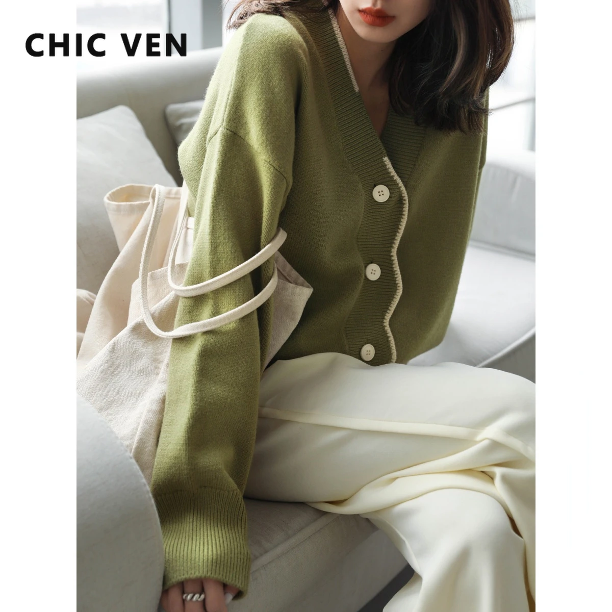 CHIC VEN 여성용 베이직 솔리드 루즈 카디건 스웨터, V넥 긴팔 상의, 레이디 코트, 봄 가을 2022
